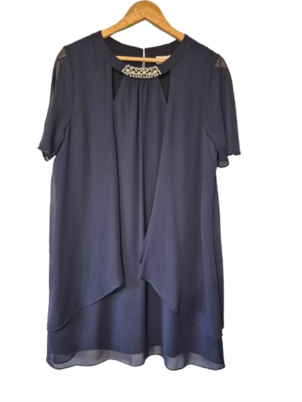 Laura Petites Navy CHIFFON dress With Pearl Neckline Size 16